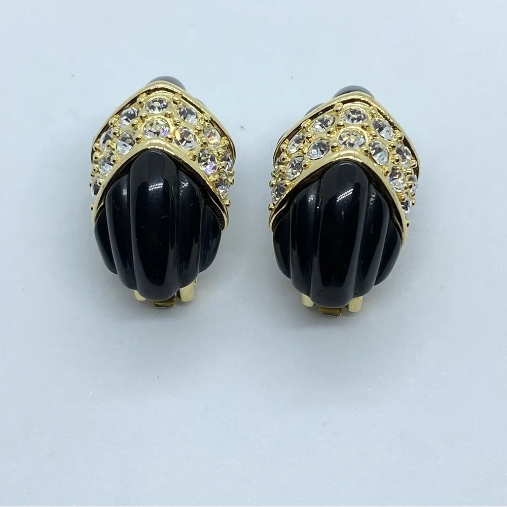 Vintage Rare KJL Black Carved Enamel Gold Tone with Pave Crystals Clip E… - Picture 1 of 6